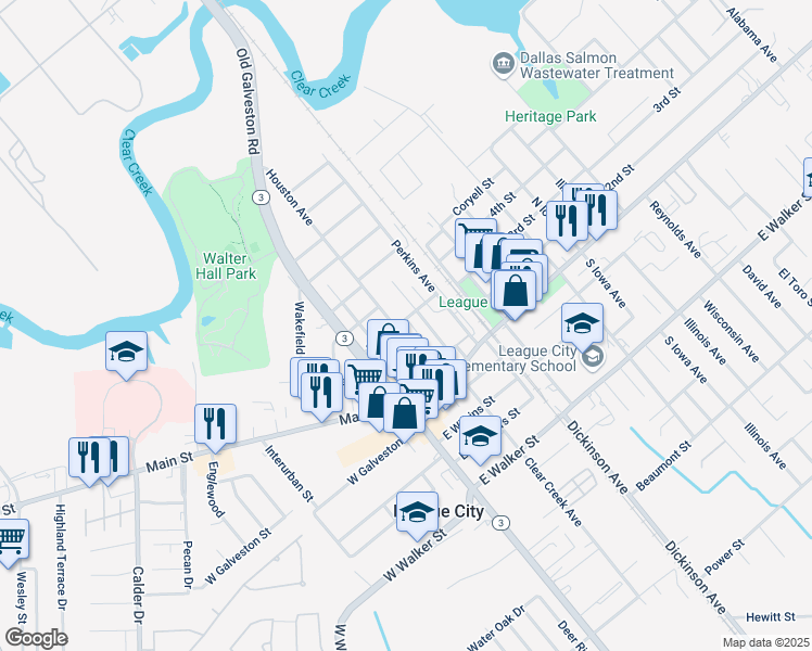 map of restaurants, bars, coffee shops, grocery stores, and more near 310 Houston Avenue in League City