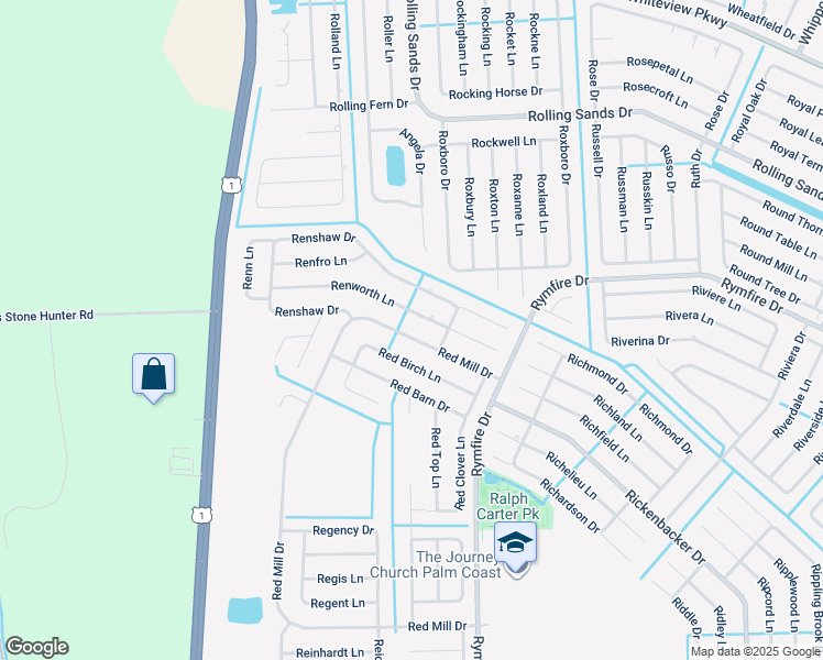 map of restaurants, bars, coffee shops, grocery stores, and more near 117 Red Mill Drive in Palm Coast