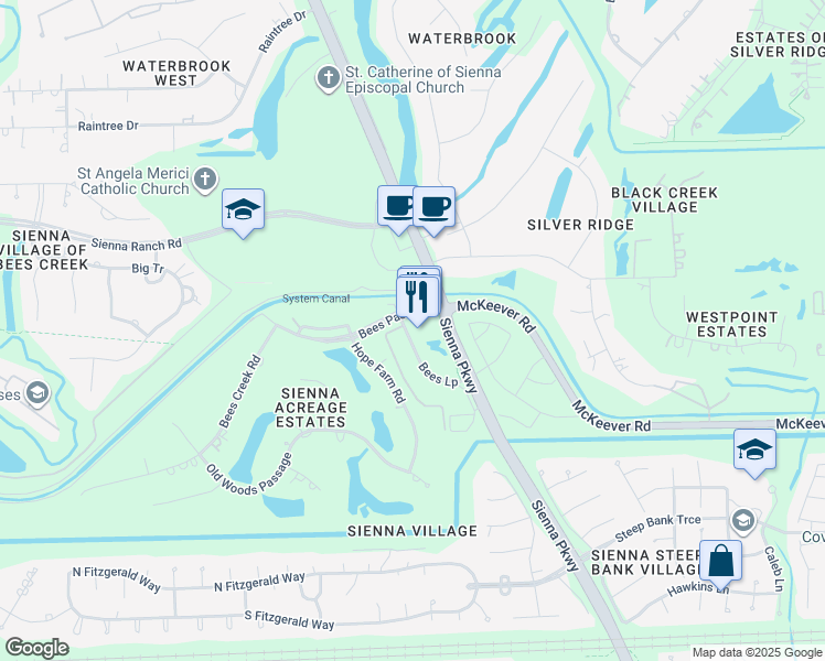 map of restaurants, bars, coffee shops, grocery stores, and more near 220 Bees Creek Circle in Missouri City