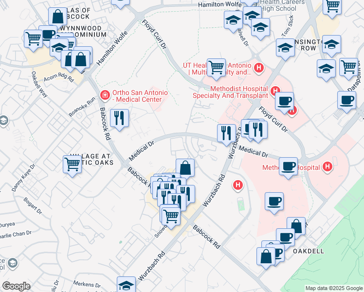 map of restaurants, bars, coffee shops, grocery stores, and more near in San Antonio