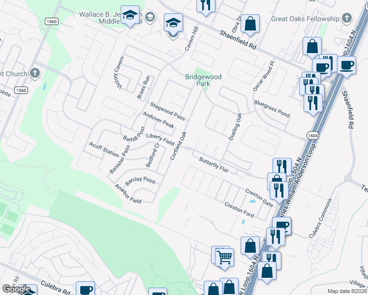 map of restaurants, bars, coffee shops, grocery stores, and more near Liberty Field in San Antonio