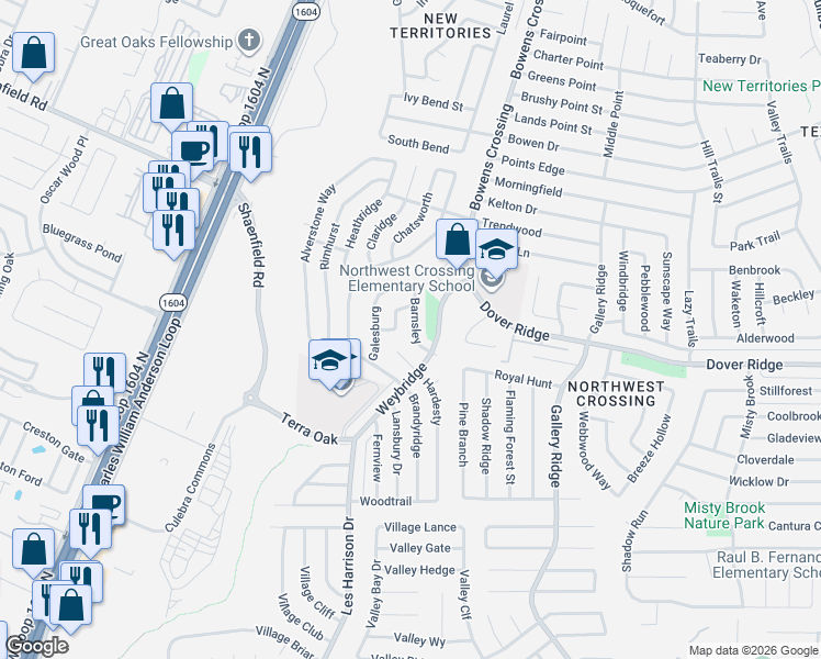 map of restaurants, bars, coffee shops, grocery stores, and more near 10127 Inridge in San Antonio