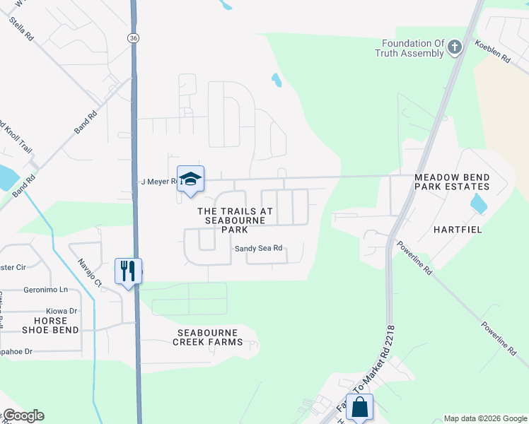 map of restaurants, bars, coffee shops, grocery stores, and more near 4918 Manor Stone Lane in Rosenberg
