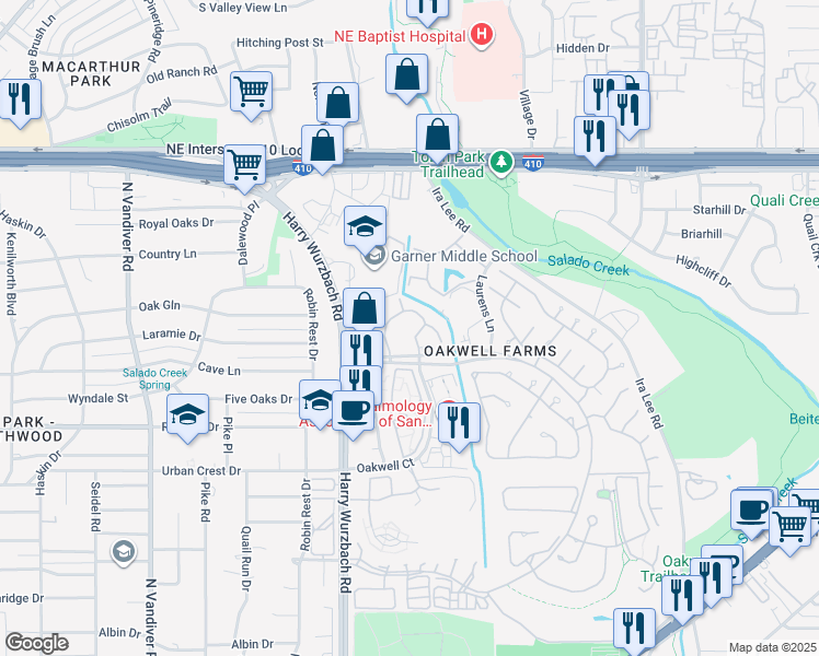 map of restaurants, bars, coffee shops, grocery stores, and more near 1983 Oakwell Farms Parkway in San Antonio
