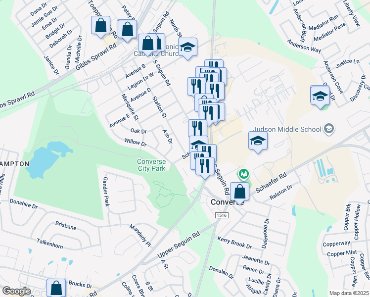 map of restaurants, bars, coffee shops, grocery stores, and more near 107 School Street in Converse