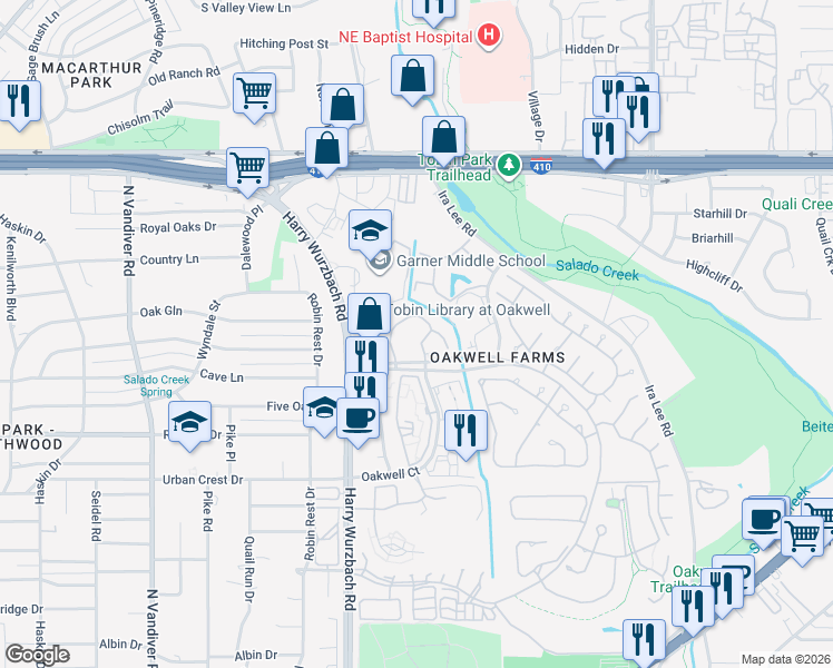 map of restaurants, bars, coffee shops, grocery stores, and more near 1983 Oakwell Farms Parkway in San Antonio
