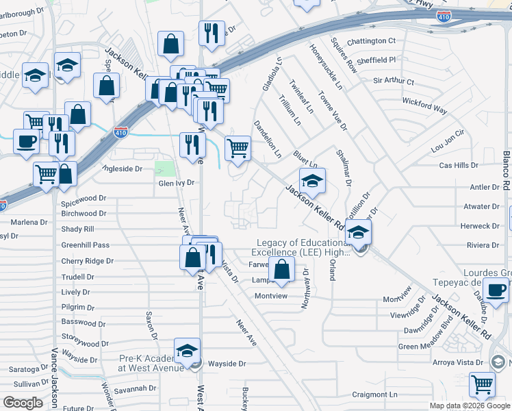 map of restaurants, bars, coffee shops, grocery stores, and more near 1802 Jackson Keller Road in San Antonio