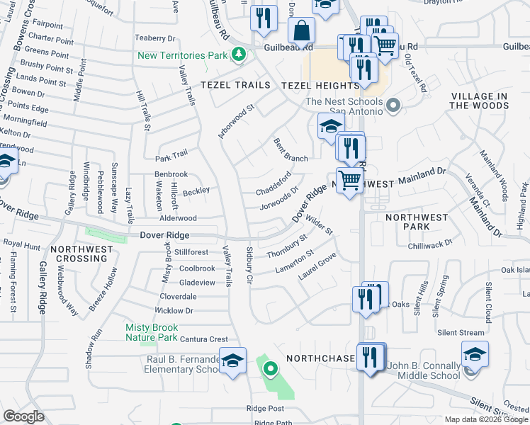 map of restaurants, bars, coffee shops, grocery stores, and more near 9310 Chaddsford in San Antonio
