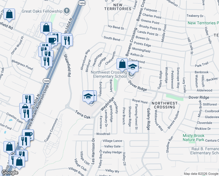 map of restaurants, bars, coffee shops, grocery stores, and more near 10127 Inridge in San Antonio