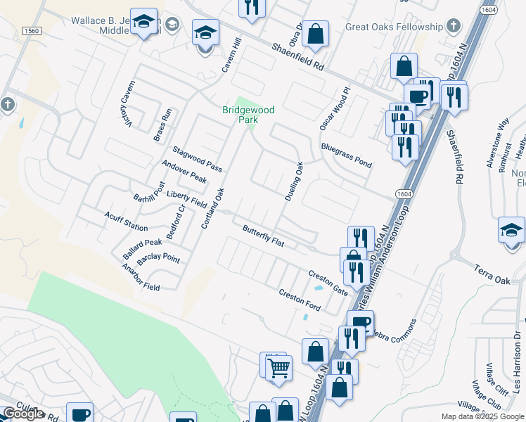 map of restaurants, bars, coffee shops, grocery stores, and more near 7527 Escada Crest in San Antonio