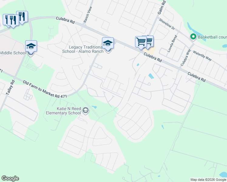 map of restaurants, bars, coffee shops, grocery stores, and more near 11043 Old Farm to Market Road 471 West in San Antonio