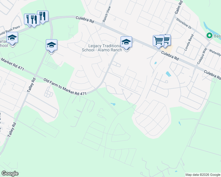 map of restaurants, bars, coffee shops, grocery stores, and more near 13748-13812 Old Farm to Market 471 West in San Antonio