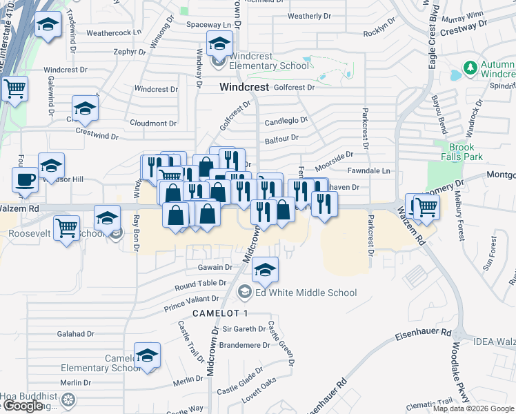 map of restaurants, bars, coffee shops, grocery stores, and more near Walzem Rd & Midcrown Dr in San Antonio