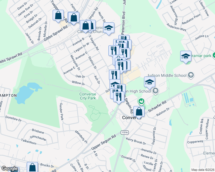 map of restaurants, bars, coffee shops, grocery stores, and more near 107 School Street in Converse