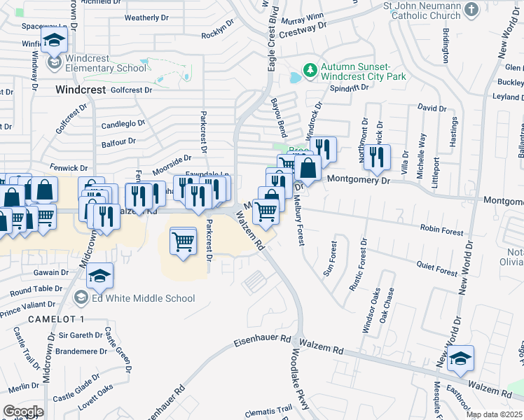 map of restaurants, bars, coffee shops, grocery stores, and more near 6030 Montgomery Drive in San Antonio