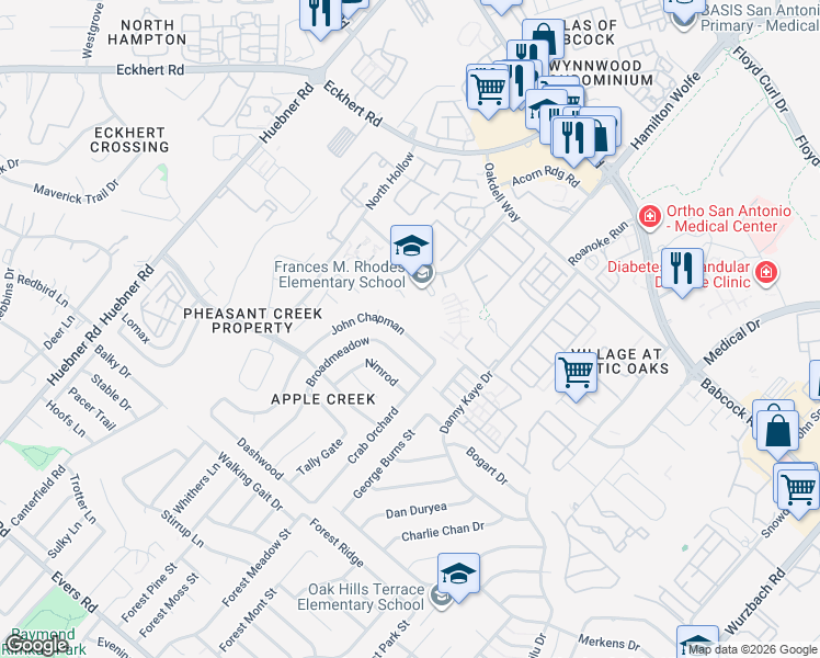 map of restaurants, bars, coffee shops, grocery stores, and more near 5714 North Knoll in San Antonio