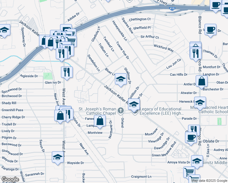 map of restaurants, bars, coffee shops, grocery stores, and more near 1601 Jackson Keller Road in San Antonio