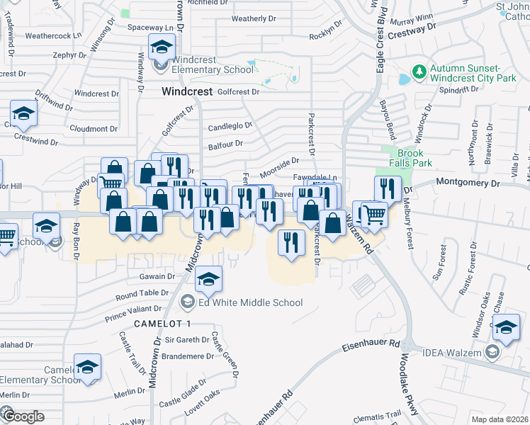 map of restaurants, bars, coffee shops, grocery stores, and more near 614 Sunhaven Drive in Windcrest
