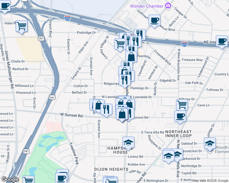 map of restaurants, bars, coffee shops, grocery stores, and more near 222 Ridgecrest Drive in San Antonio