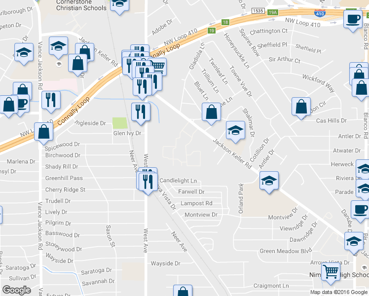 map of restaurants, bars, coffee shops, grocery stores, and more near 1802 Jackson Keller Road in San Antonio