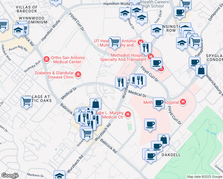 map of restaurants, bars, coffee shops, grocery stores, and more near 4901 Medical Drive in San Antonio