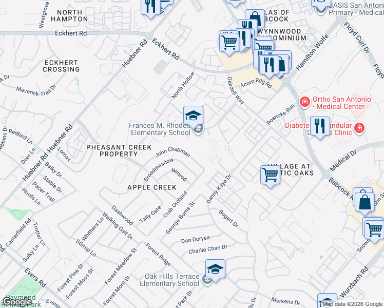 map of restaurants, bars, coffee shops, grocery stores, and more near 5714 North Knoll in San Antonio