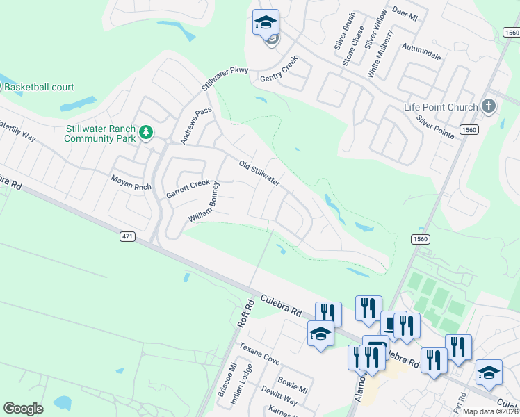 map of restaurants, bars, coffee shops, grocery stores, and more near 7627 Goldstrike Drive in San Antonio