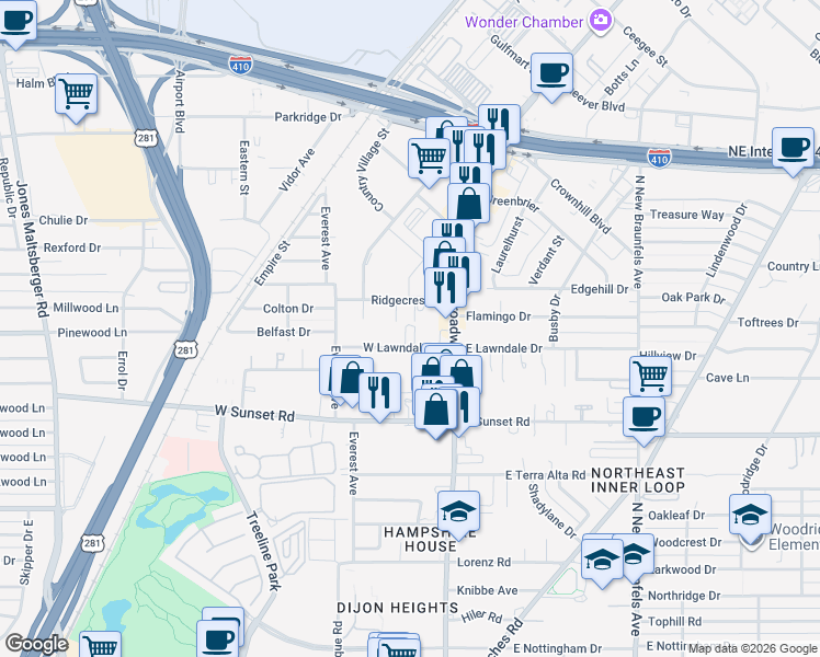 map of restaurants, bars, coffee shops, grocery stores, and more near 222 Ridgecrest Drive in San Antonio
