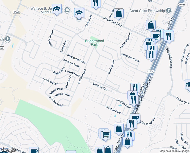 map of restaurants, bars, coffee shops, grocery stores, and more near 7515 Escada Crest in San Antonio