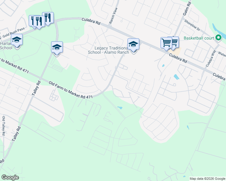 map of restaurants, bars, coffee shops, grocery stores, and more near 13748-13812 Old Farm to Market 471 West in San Antonio