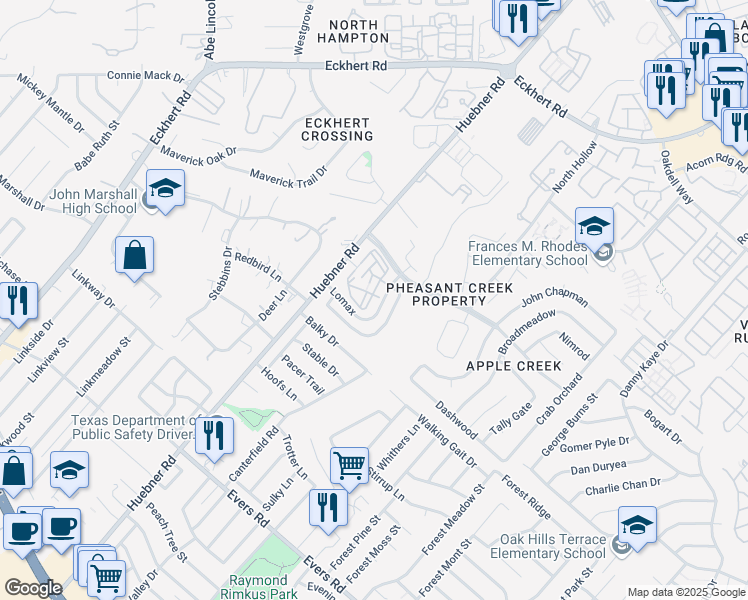 map of restaurants, bars, coffee shops, grocery stores, and more near 7838 Huebner Road in San Antonio