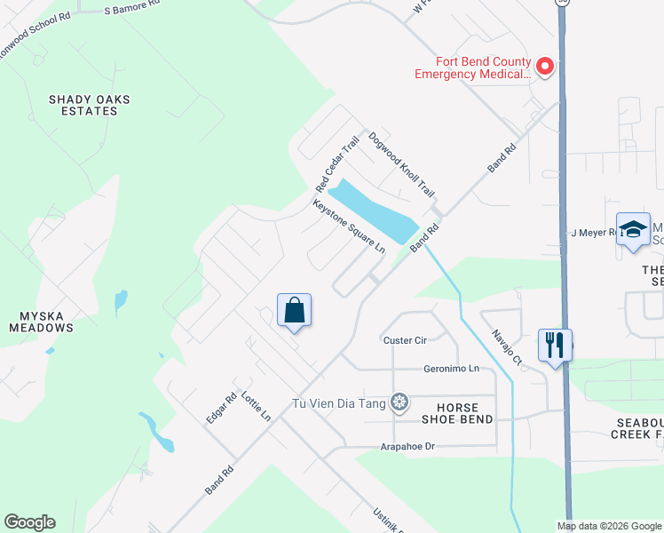 map of restaurants, bars, coffee shops, grocery stores, and more near 2115 Feather Hill Drive in Rosenberg