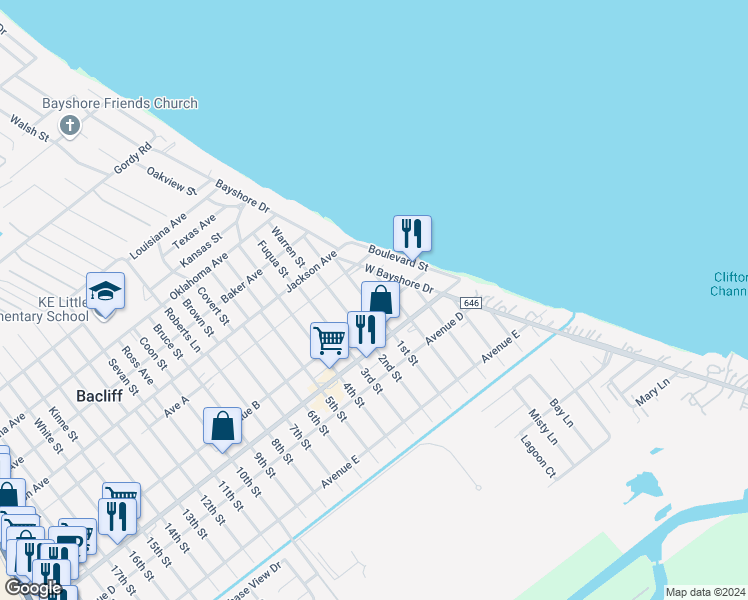 map of restaurants, bars, coffee shops, grocery stores, and more near 4439 1st Street in Bacliff