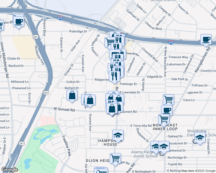 map of restaurants, bars, coffee shops, grocery stores, and more near 8126 Scottshill in San Antonio