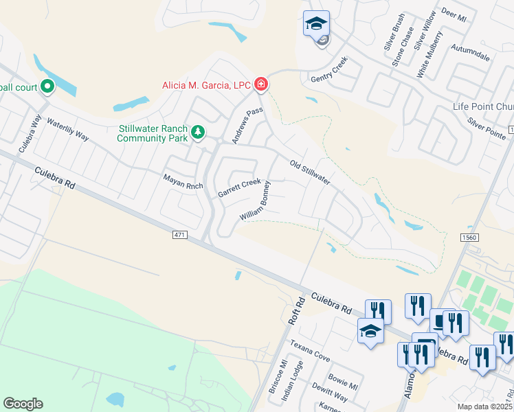 map of restaurants, bars, coffee shops, grocery stores, and more near 7675 William Bonney in San Antonio