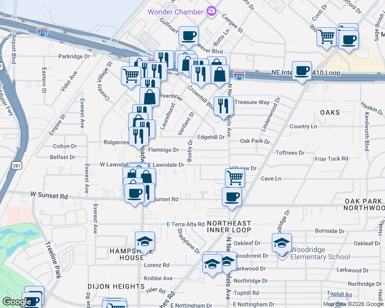 map of restaurants, bars, coffee shops, grocery stores, and more near 2015 Flamingo Drive in San Antonio