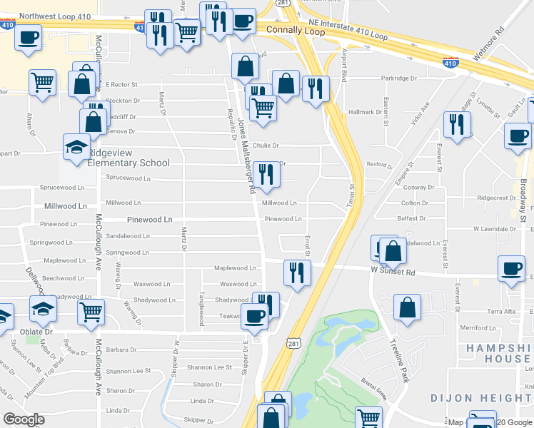 map of restaurants, bars, coffee shops, grocery stores, and more near 522 Millwood Lane in San Antonio