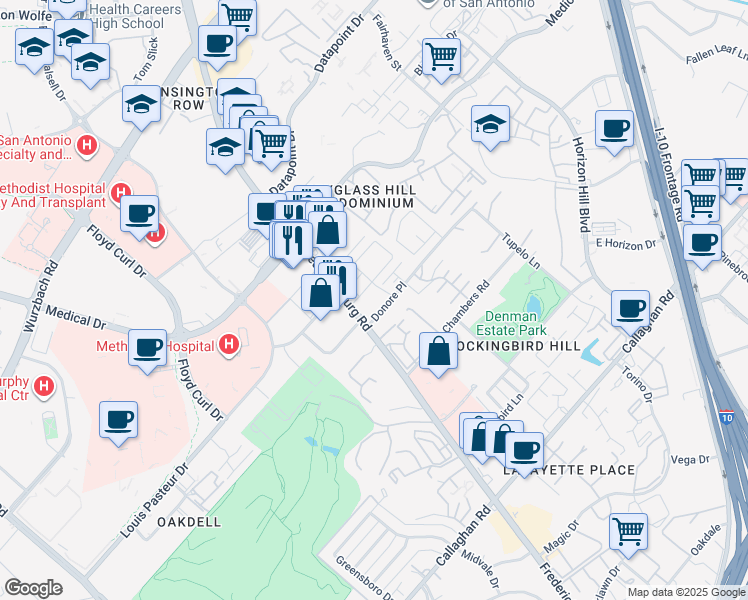 map of restaurants, bars, coffee shops, grocery stores, and more near 7923 Donore Place in San Antonio
