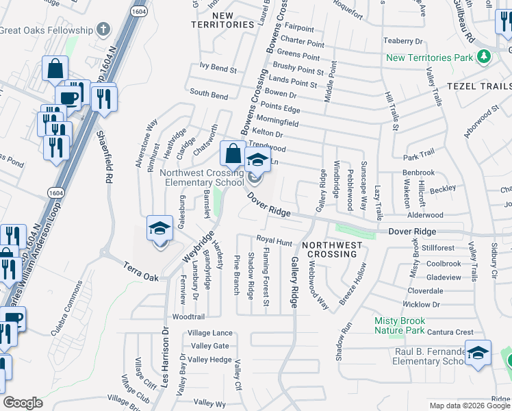 map of restaurants, bars, coffee shops, grocery stores, and more near 10255 Dover Ridge in San Antonio