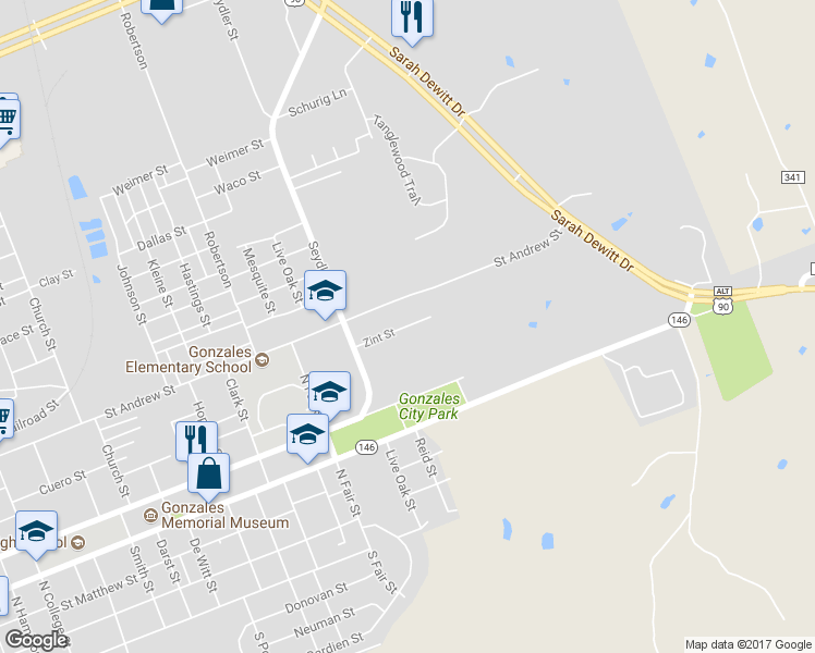 map of restaurants, bars, coffee shops, grocery stores, and more near 2113 Zint Street in Gonzales