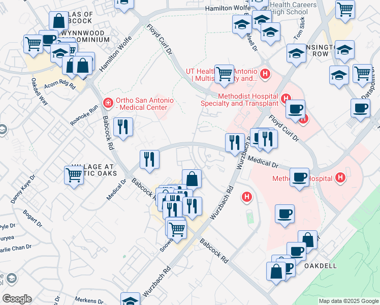 map of restaurants, bars, coffee shops, grocery stores, and more near Main in San Antonio