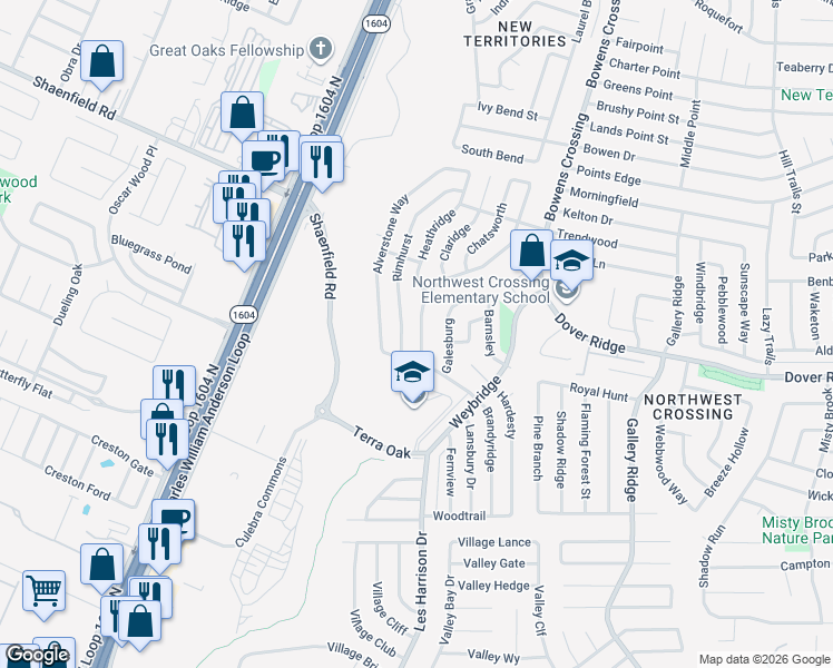 map of restaurants, bars, coffee shops, grocery stores, and more near 7450 Branston in San Antonio