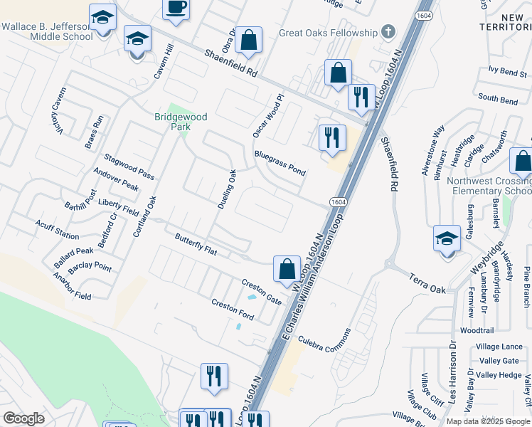 map of restaurants, bars, coffee shops, grocery stores, and more near 10618 Triggers Creek in San Antonio