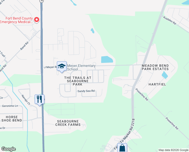 map of restaurants, bars, coffee shops, grocery stores, and more near 4911 Beck Lane in Rosenberg