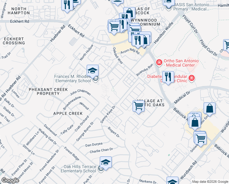 map of restaurants, bars, coffee shops, grocery stores, and more near 7806 Galaway Bay in San Antonio