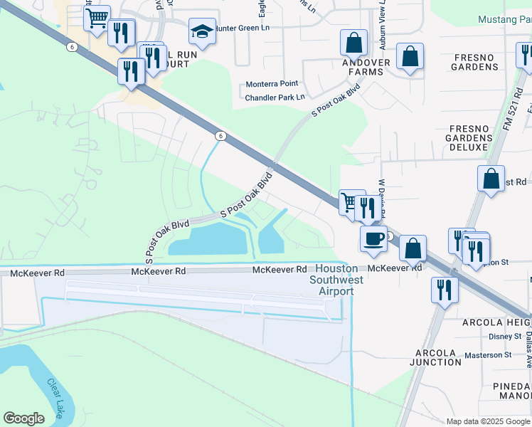 map of restaurants, bars, coffee shops, grocery stores, and more near 21821 South Post Oak Boulevard in Fresno