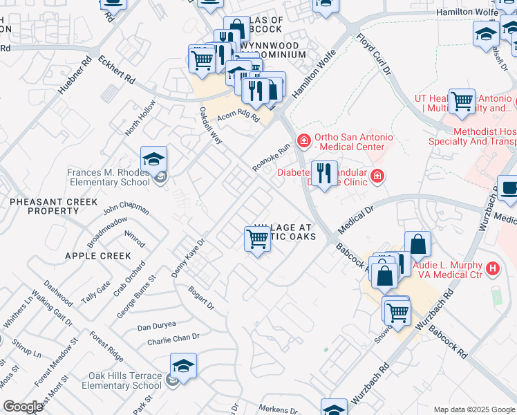 map of restaurants, bars, coffee shops, grocery stores, and more near 7731 Wexford Grove in San Antonio