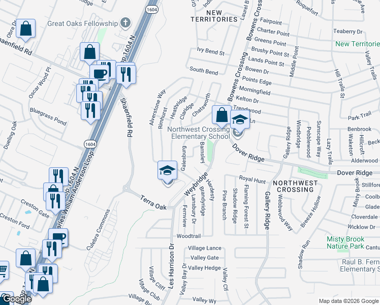 map of restaurants, bars, coffee shops, grocery stores, and more near 10127 Inridge in San Antonio