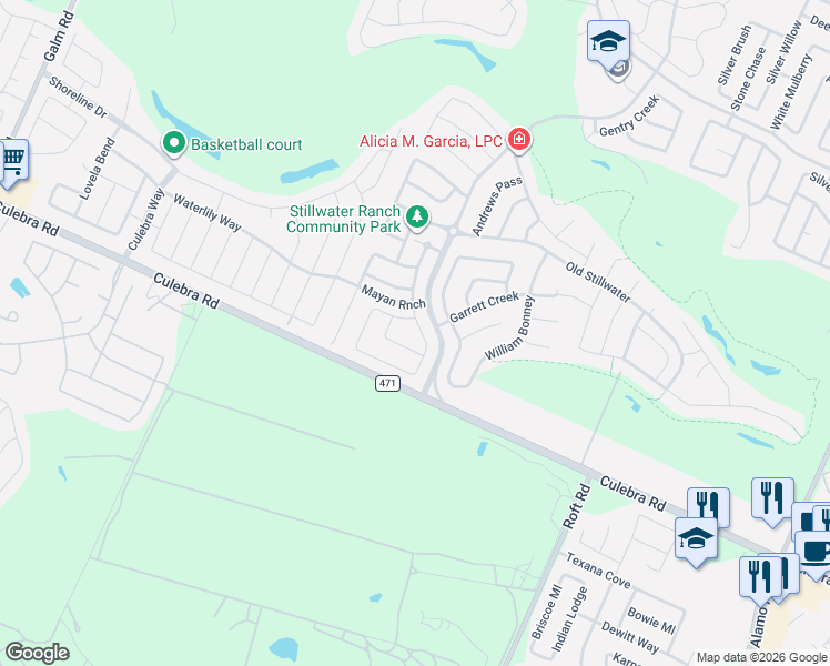 map of restaurants, bars, coffee shops, grocery stores, and more near 7638 Ruger Ranch in San Antonio