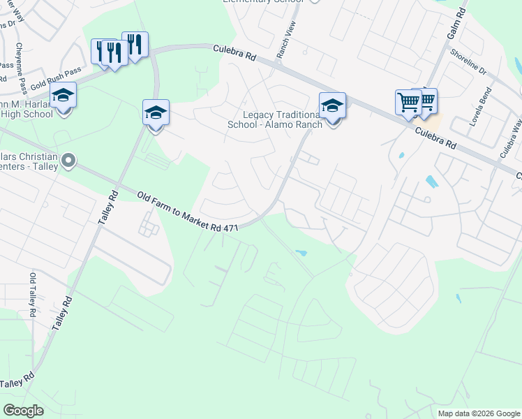 map of restaurants, bars, coffee shops, grocery stores, and more near 7803 Belmont Valley in San Antonio